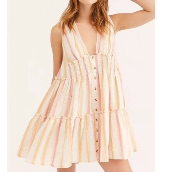 Free people] Orange combo Deep V neck Smoking oversized Button down dress - Picture 1 of 13